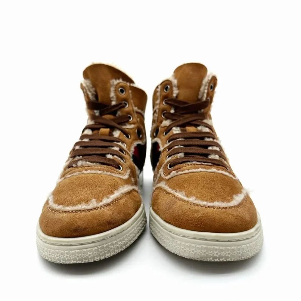 GUCCI Brown Suede Shearling Ace Sneakers Size 39 US 8.5 High Top Web Stripe Fur